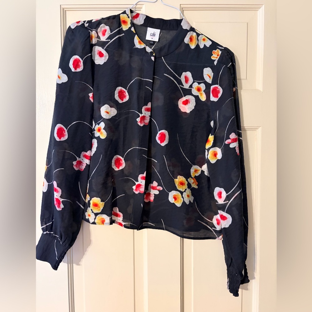 Floral Button-Front Sheer Blouse in Black with Pink & Yellow Blossoms